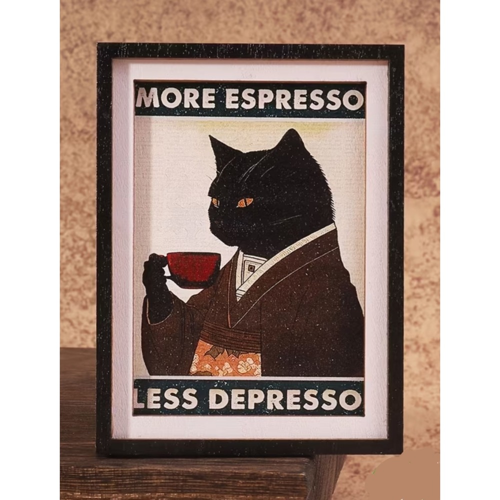 More Espresso Less Depresso Black Cat Miniature Framed Art Magnet